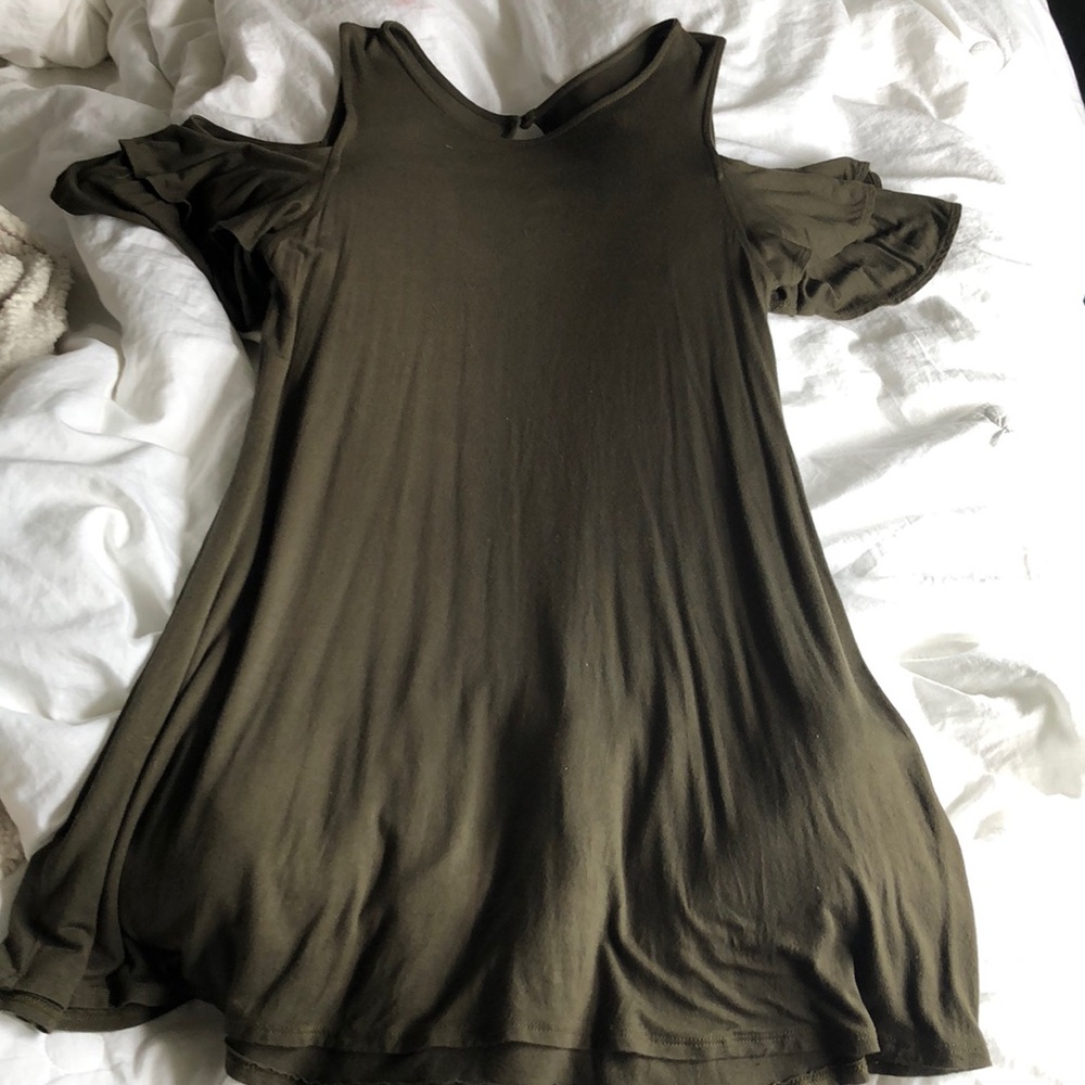Navy Green Off The Shoulder Ruffled Sleeves Dress